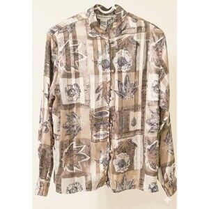 Vintage Martinique Sheer Striped Botanical Leaf Print Blouse Women Button Up, 10